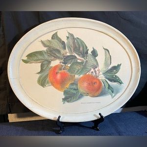 Vintage Italian Wood Tray with Apple Botanical Print Brown Glaze